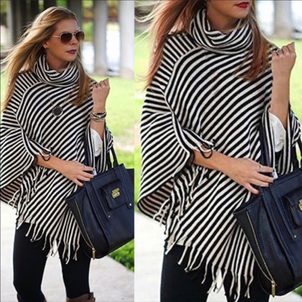 Striped Poncho Fringe Turtle Neck NEW